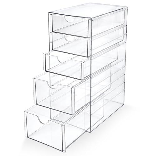 Prsildan Acrylic Drawer Makeup Organizer with 5 Drawers, Hair Accessories Organizer, Office Desk Organization, Clear Stackable Storage Drawers for Vanity, Countertop, Craft, Jewelry