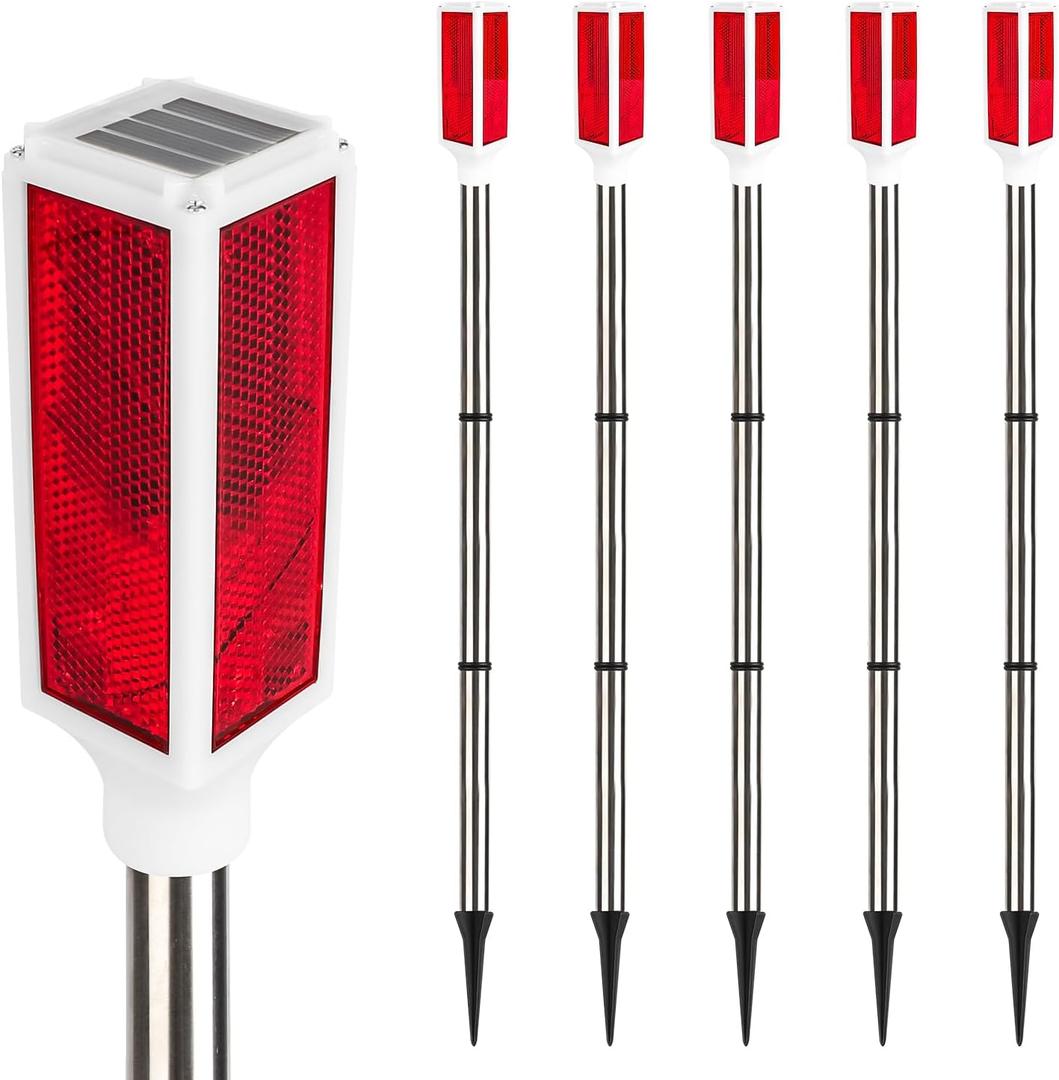 5 PCS Solar Driveway Markers, Solar Powered Driveway Lights on Poles, Outdoor Landscape Reflectors for Snow Road, Yard, Parking Lot, and Sidewalk (Red)