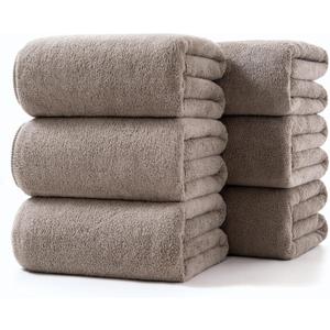 Towels 6 Piece Soft Microfiber Bath Towel Set Salon Gym Yoga Travel Incredibly Absorbent Lightweight Quick Dry and Durable, 55" L x 27" W, Big 6 Pack Elegant Grey Brown