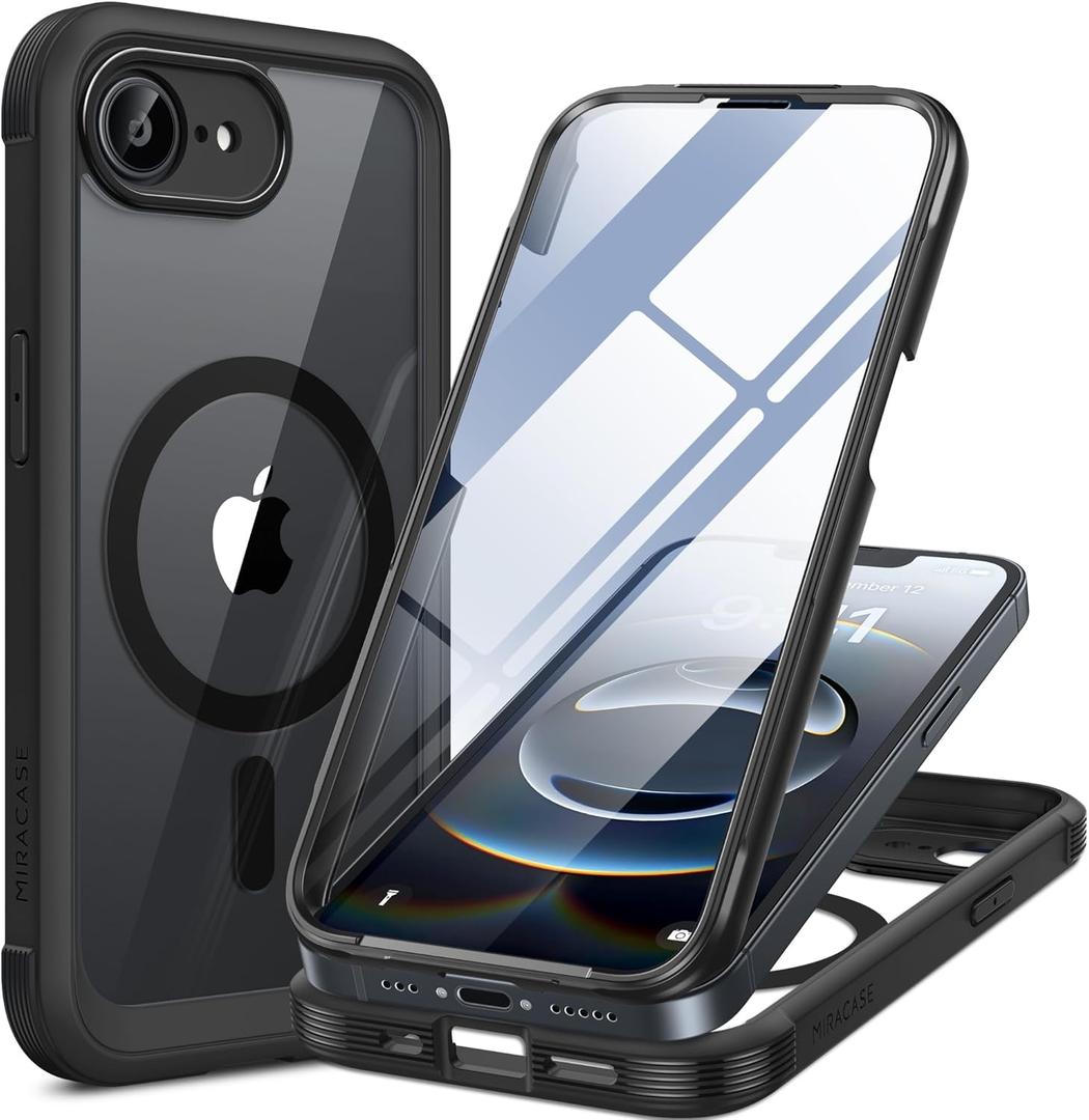 Miracase Magnetic for iPhone 16e Case Full-Body Phone with Built-in Glass Screen Protector, [Compatible with MagSafe] Military Drop Proof 16E Cover Bumper 6.1 inch, Black