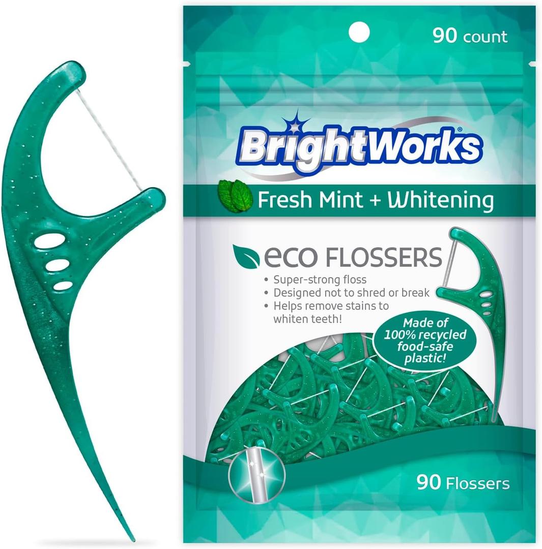Brightworks ECO Sustainable Floss Picks - 270 Count - PFAS Free - Made in USA100% Post-Consumer Recycled Plastic, Super Strong Mint-Flavored Floss with Micro-Crystals