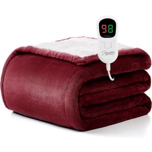 Homemate Heated Blanket Electric Throw - 50"x60" Heating Blanket Throw 1/2/4/6/8 Hours Auto-off 10 Heat Level Heat Blanket Over-heat Protection Flannel Sherpa Heater Blanket Electric ETL Certification (Ruby Red)