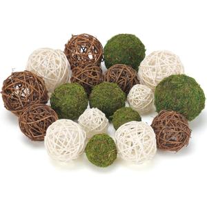 USMOLA 18Pcs Decorative Balls for Centerpiece Bowl - 6Pcs Fake Moss Balls + 12Pcs Rattan Wicker Balls, Artificial Moss Decorative Balls Vase Fillers for Home Garden Wedding Party Decor (Rustic)