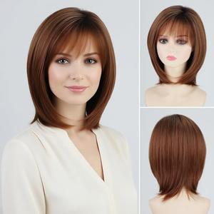 RENERSHOW Wigs for White Women Mid-length Auburn Layered Bob Wig with Bangs Straight Heat Synthetic 12inch Mix Auburn Highlight Average Size Daily To Party Wig