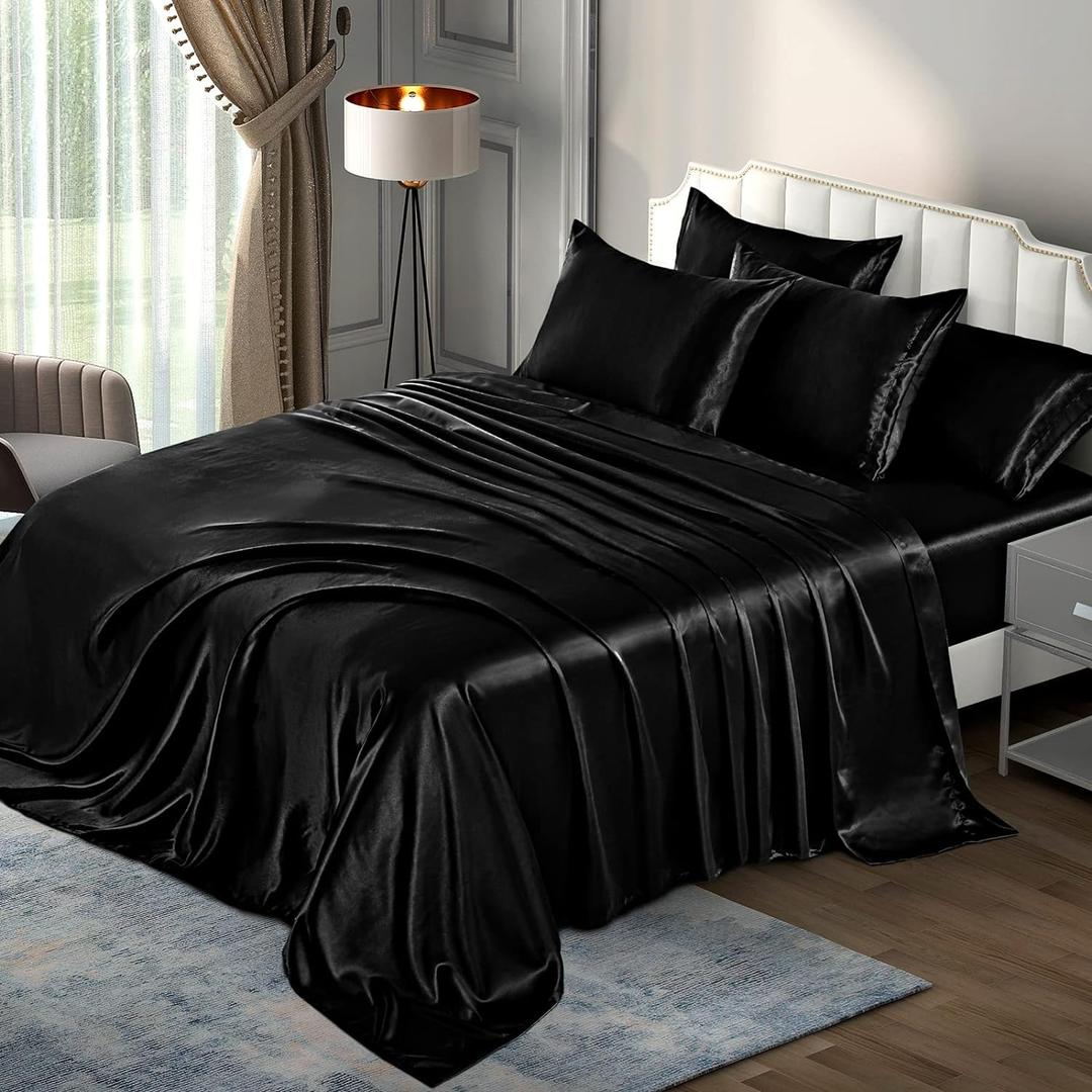 P Pothuiny Satin Sheets King (6 Pieces, Black) - Luxury Silky Satin Bed Sheets King Bedding Set, Extra Soft King Size Sheets Set, 1 Satin Fitted Sheet + 1 Flat Sheet + 4 Pillow Cases