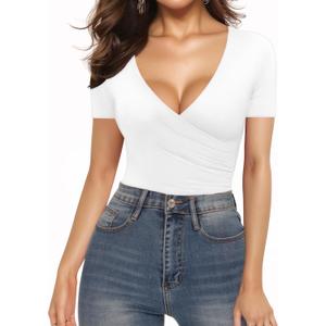 MANGOPOP Women's Cross Wrap Ruched Plunge Sexy Deep V Neck Slim Fit Short Sleeve T Shirt Tunic Tops Tee (Large)