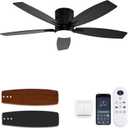 KNUN 52 Inch Flush Mount Ceiling Fan with Light and Remote/App Control,Black Ceiling Fans with Lights, 3CCT,Dimmable,Noiseless,Low Profile Ceiling Fan for Indoor/Outdoor Use