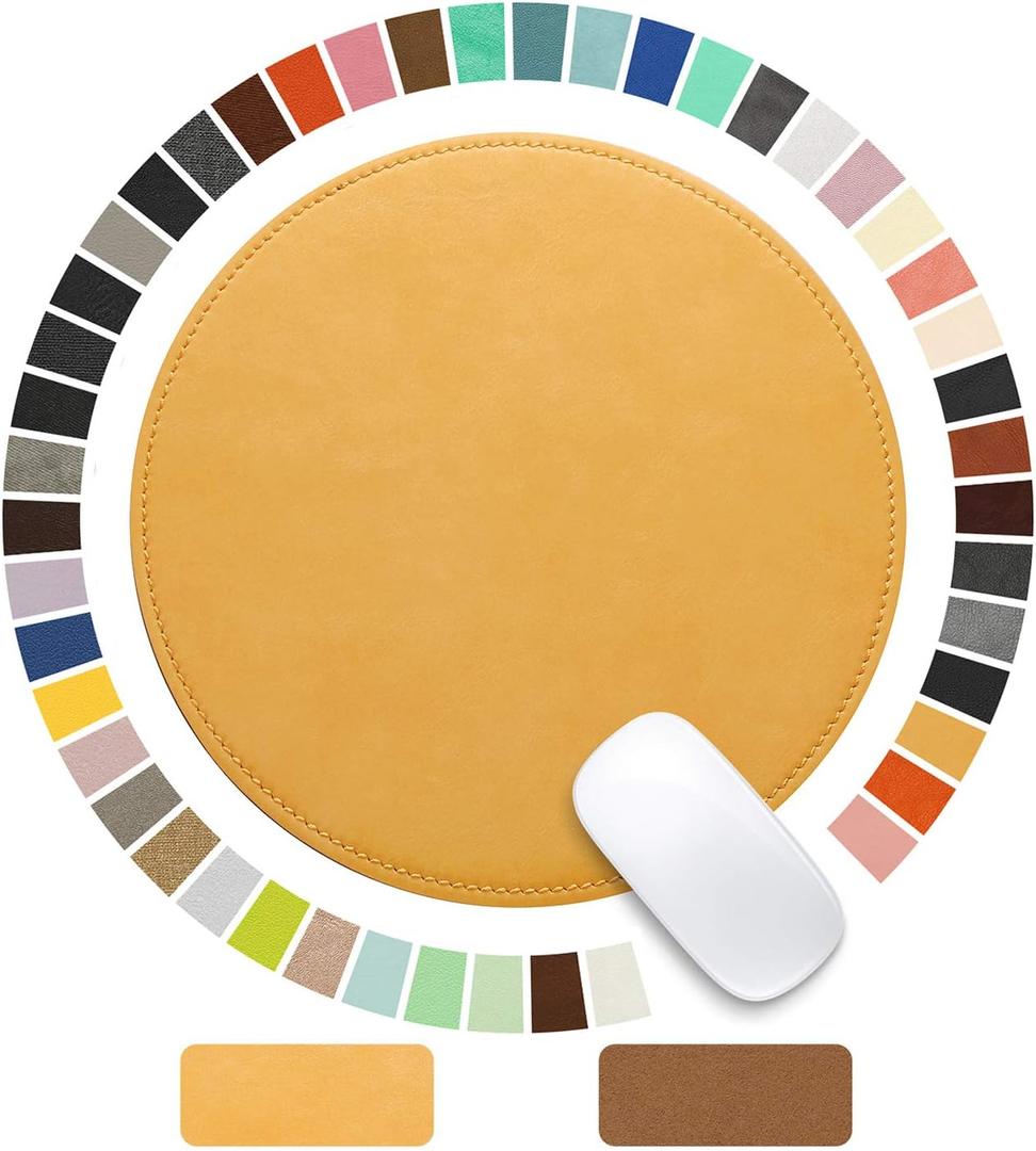 Mouse Pad, Round Mouse Pad, PU Mouse Pad, Leather Mouse Pad with Stitched Edge, Micro-Fiber Base with Non-Slip Waterproof Mouse Pad for Computers, Laptop, 9 x 9 Inch (Light Yellow)