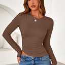 PRETTYGARDEN Womens Long Sleeve Shirts 2026 Fall Trendy Crewneck Slim Fit Asymmetrical Going Out Tops Ruched Tee Y2k Clothes (Brown, XL)