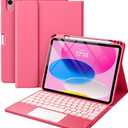 Harvopu Compatible for iPad 11th 10th Generation Case with Keyboard, Folio Cover with Pencil Holder, Multi-Touch Trackpad, 7 Color Backlit, Detachable Keyboard for iPad (A16) 11th/10th Gen (Pink)