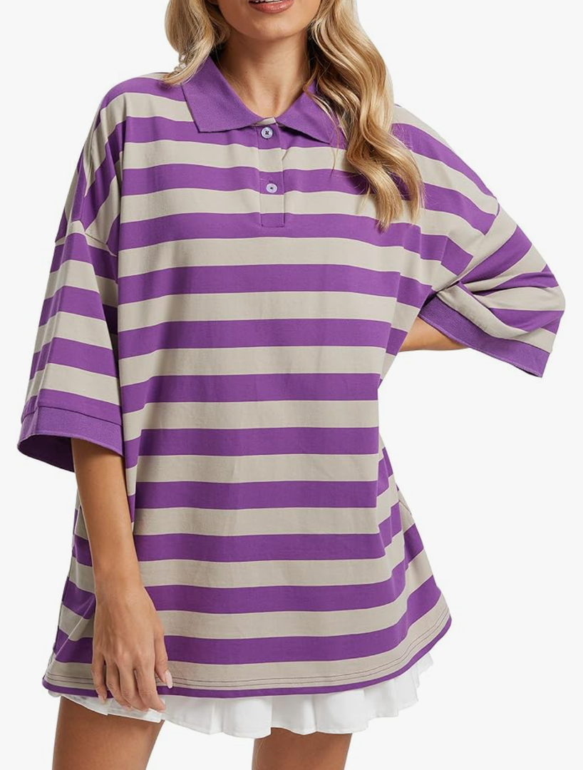 Womens Striped Polo T-Shirts Oversized Short Sleeve Top Cotton Color Block Loose Basic Tee Casual Tunics Summer Spring Tops, L