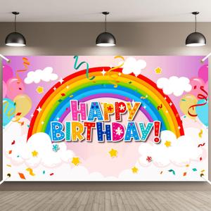 Remerry 71 x 44 Inch Rainbow Backdrops Happy Birthday Banner for Boys Girls Kids Baby Showers Party Decorations Indoor Outdoor Supplies