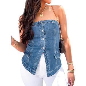 Cicy Bell Womens Strapless Vest Summer Button Down Jean Tube Tops Y2k Going Out Fitted Bandeau Shirts Waistcoat (US, Alpha, X-Large, Regular, Regular, Light Blue)