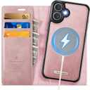 Wallet Case for iPhone 17 Compatible with Magsafe, 2-in-1 PU Leather Flip RFID Blocking Card Holder Stand Shockproof Magnetic Detachable Cover for iPhone 17 Case 6.3", Pink