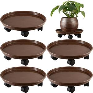 5-Pack Extra-Large Plant Caddy with Wheels - 15" Rolling Plant Stands - Heavy-Duty Plastic Planter Roller Base - Brown