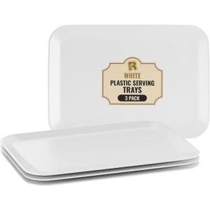 R-kay 3 Pack White Plastic Serving Trays for Party - Rectangular, 8 by 11 in, Heavy Duty Dessert Trays for Food
