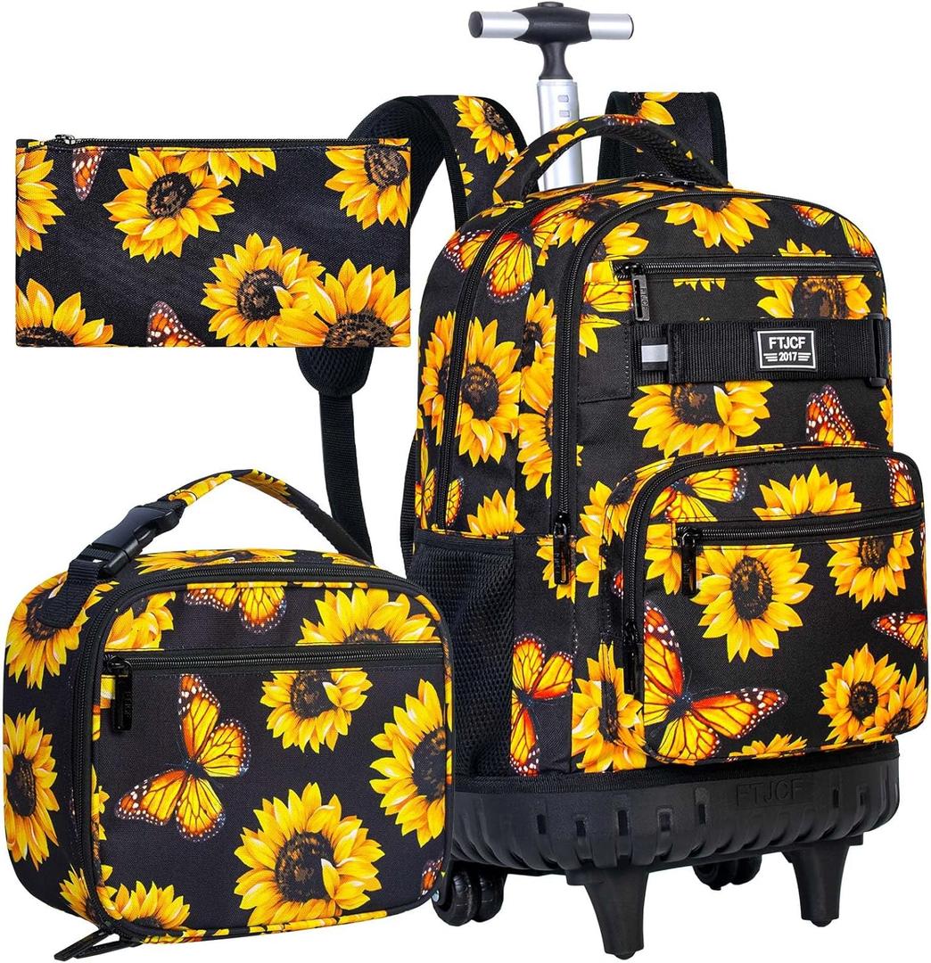 3Pcs Rolling Backpack for Girls, 19 Women Inche Roller Bag with Wheels, Sunflower Wheeled Bookbag Set for Adults(Yellow)