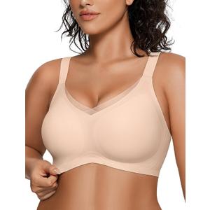 OEAK Womens Wireless Jelly Bras V Mesh Comfortable Bralette Supportive Tshirt Bra No Underwire Seamless Push Up Everyday Bras (Beige, L)