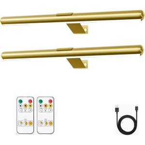 Battery Picture Lights 16 inch-2PACK , Wireless Rechargeable Painting Light for Art with Remote, Full Metal Led Picture Lights Dimmable Wall Light for Portraits, Dartboard, Gallery-Gold with Patent
