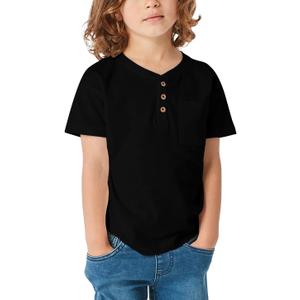 GAMISOTE Kids Boys Henley Shirts Solid Button Down Short Sleeve Pocket Casual Tops Tees (Black)