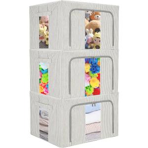 3 Pack Clothes Storage Bins, Foldable Metal Frame Storage Box with Lids,Stackable Linen Fabric Organizer Set with Carrying Handles,Zippers,and Clear Window (Grey Stripe, 66L)