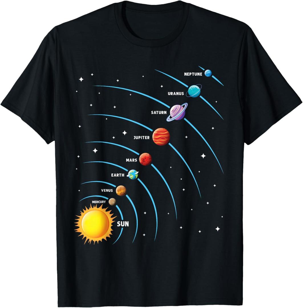 Solar System Colorful Space Planets Educational Kids T-Shirt (Black, M)