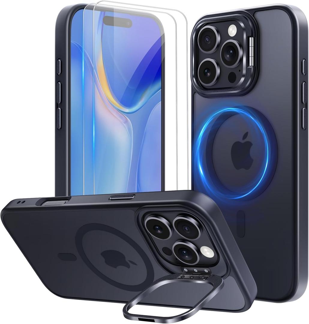 Mitywah for iPhone 16 Pro Max Case with Stand, 2X [Tempered Glass Screen Protector] Military-Grade Drop Protection N52 Magnetic Phone Case, Matte Translucent Slim Case Skin-Friendly Touch, Black