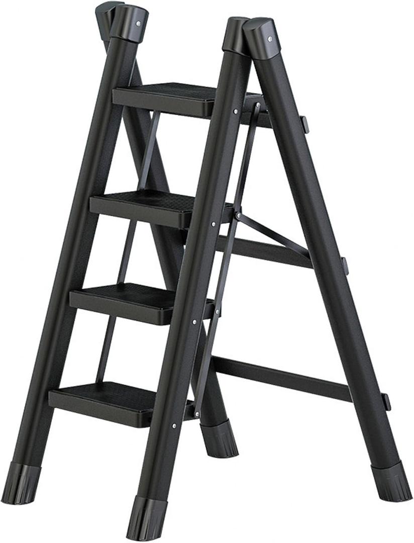 4 Step Folding Portable Step Ladder with Anti-Slip Wide Pedal Aluminum Stepladder Lightweight Step Stool for Office, Household, Library 300lbs - Black