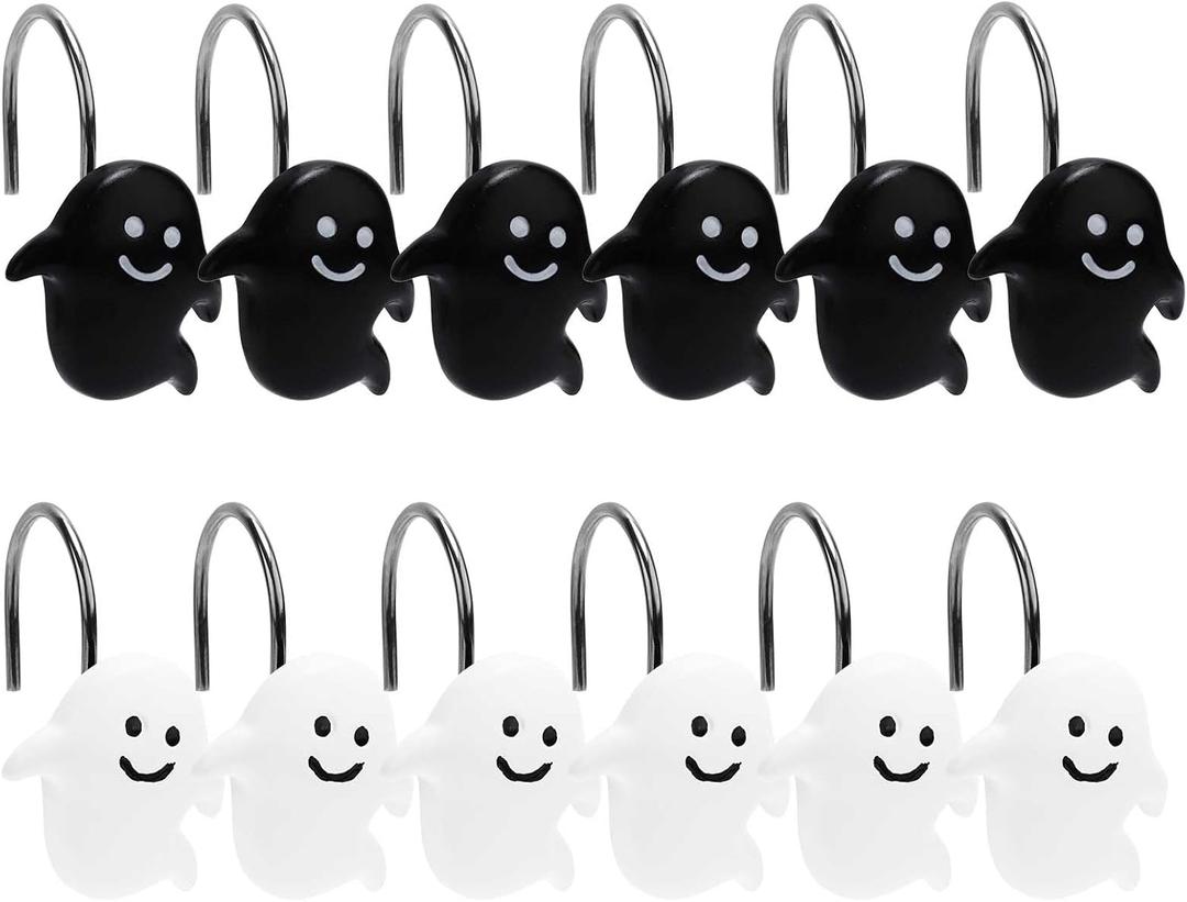 12PCS Shower Curtain Hooks, Halloween Ghost Shower Rings Decorative Shower Curtain Hangers Shower Curtain Hooks Decoration for Halloween Bathroom Rods Pendants Decor (Black & White)