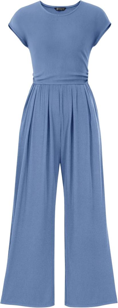 PRETTYGARDEN Summer Jumpsuits for Women Dressy Casual | Soft Ribbed Fabric, Crewneck Cap Sleeve, Back Zipper, Pockets, Wide Leg Pants Rompers, One Piece Outfits, Work Office Clothes (Blue, XXL)