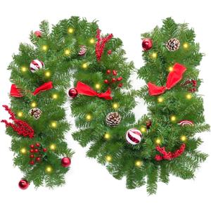 Christmas Garland with Lights, 6 Ft Real Touch Winter Pine Garland, Green Artificial Greenery Garland for Table, Stairs, Door, Christmas Decor for Home Wedding Fireplace Party