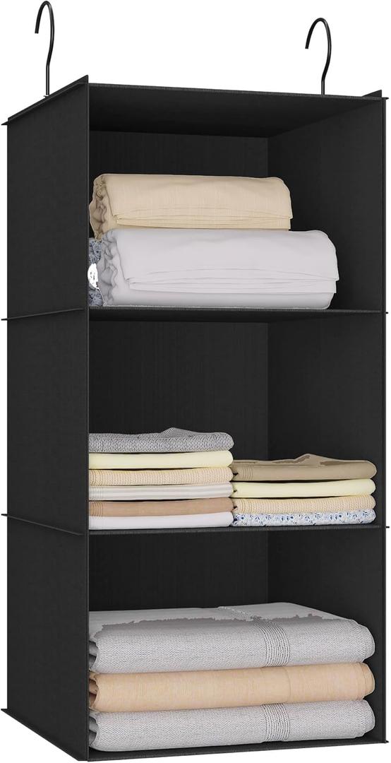 Hanging Closet Organizer - 3-Shelf, Easy Mount Foldable Wardrobe Storage Shelves for Clothes, Handbags, Shoes & Accessories - Washable Oxford Cloth Fabric, Black