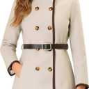 Allegra K Women's Stand Collar Coats Belted Mid-Long Winter Peacoat (Large, Beige)