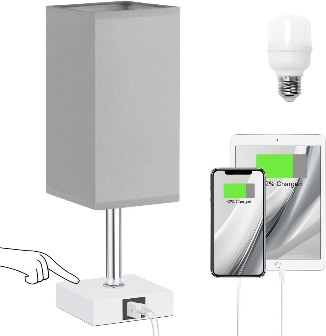 Ambimall Touch Control Table Lamp with USB A+C Charging Ports - 3 Way Touch Lamps Bedside, Nightstand Lamp for Bedrooms Living Room Nursery, LED Bulb Included(Grey Shade)