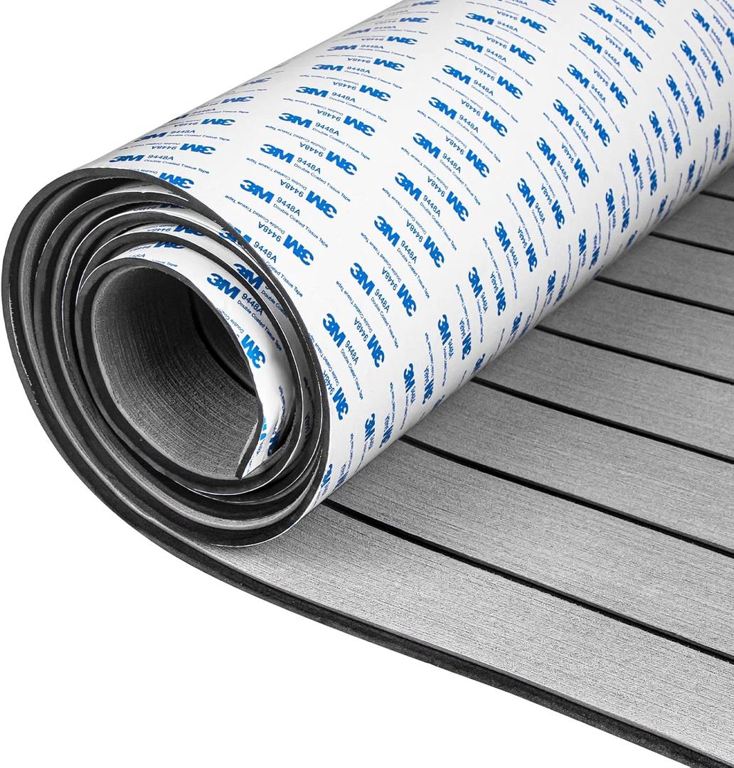 OCEANBROAD Self-Adhesive 96''x28.8'' Boat Flooring with 3M Adhesive Backing EVA Foam Boat Decking Faux Teak Marine Non-Slip Sheet for Jon Motor Boats Yacht Helm Pad Floor, Color: Gray with Black Seam Lines