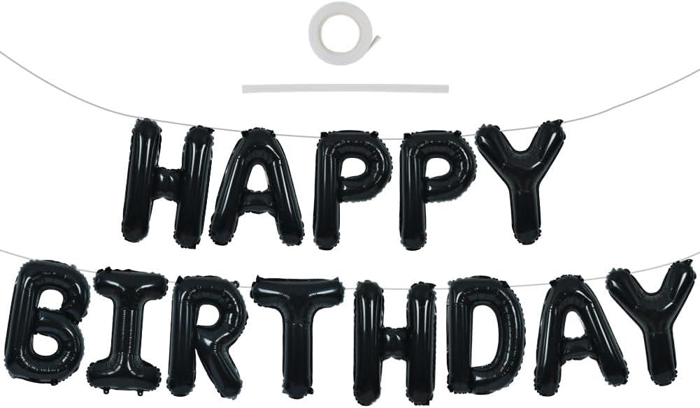 TONIFUL Black Happy Birthday Balloons Banner 16 Inch Mylar Foil Letters Birthday Sign Banner Bunting Reusable for 30th 40th 50th 60th Adults and Halloween Supplies