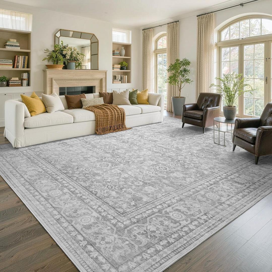 8x10 Ft Large Area Rugs for Living Room, Soft Non-Slip Machine Washable Rug, Vintage Stain Resistant Carpets for Bedroom Nursery Dining Room Home Decor (Grey)