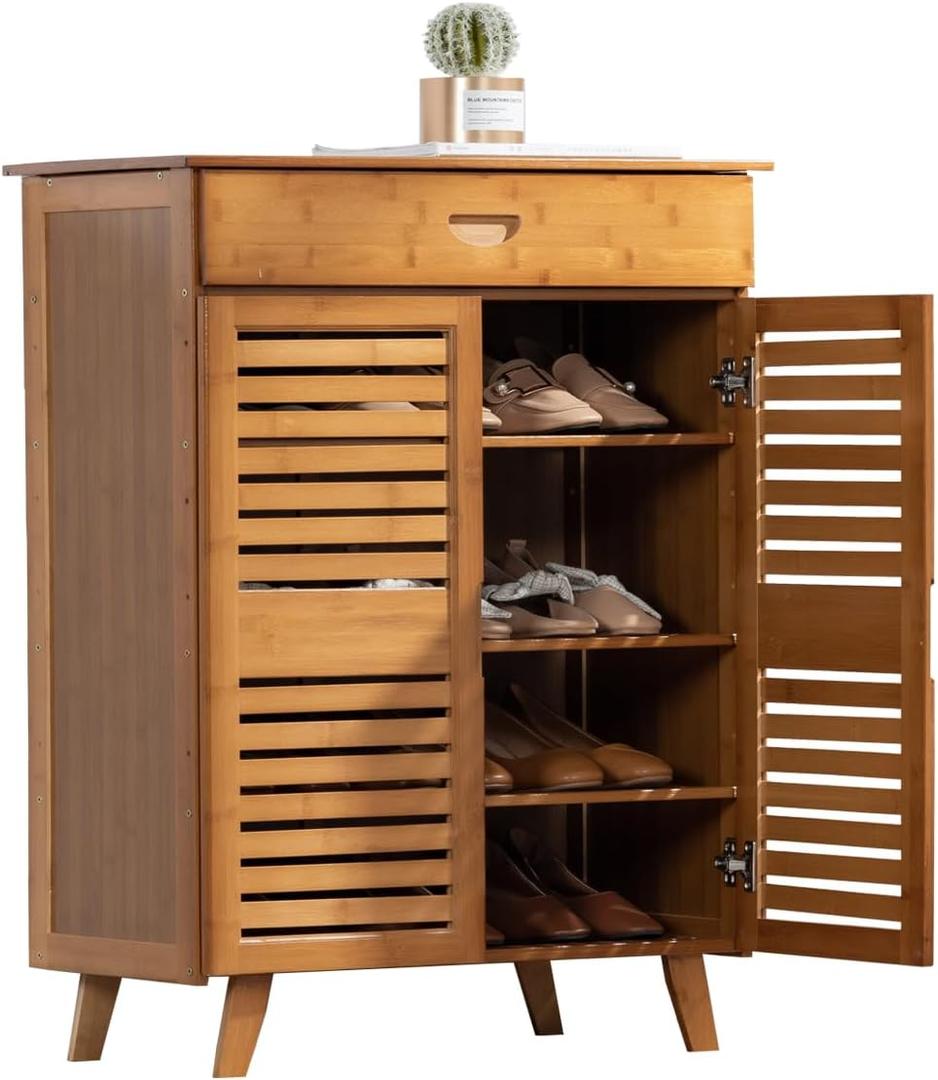 latifolia Bamboo Shoe Cabinet, Two-Door Shoe Storage Cabinet with Drawers, 4 Tier Bamboo Shoe Organizer for Entryway, Brown(25.98''L)