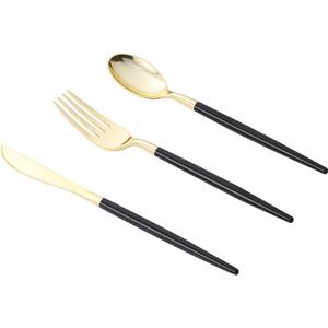 Goodluck 90 PCS Black Gold Plastic Silverware Set for 30 Guests,30 Knives, 30 Forks and30 Spoons, Food-grade material free of BPA, Gold Plastic Cutlery Ideal for Weddings, Birthdays, Graduation