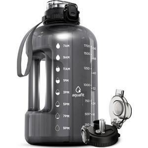 AQUAFIT Half Gallon Water Bottle with Time Marker - Straw & Chug Lid - BPA Free Gym Water Bottle with Straw - Big Gallon Jug (Gray, 64 oz - 2in1 Lid)