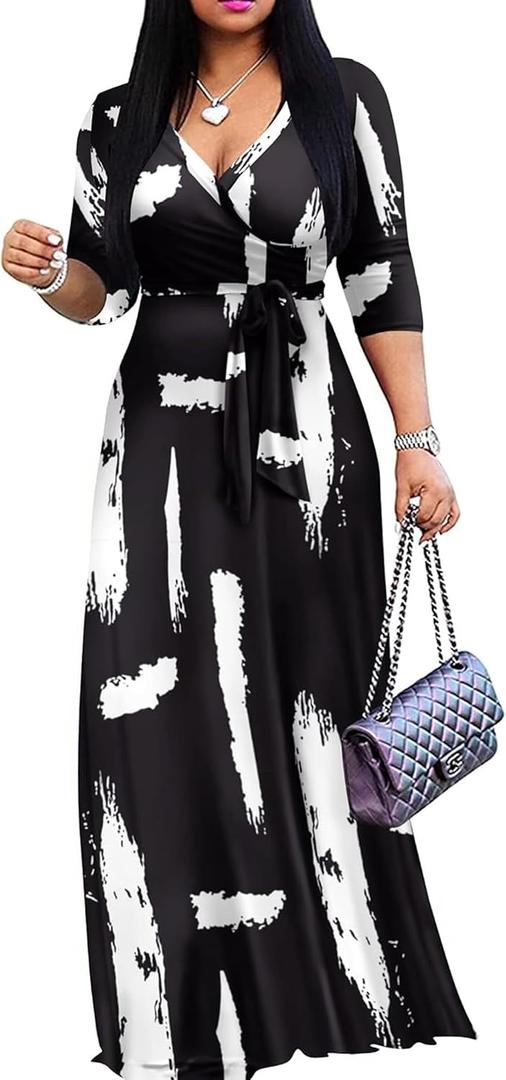 BDAILKA Maxi Dresses for Women Long Dress Casual V-Neck Bohemia Dresses 3/4 Sleeves Women's Elegant Dresses (Black, S)