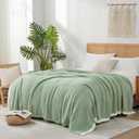 Snuggle Sac Sage Green Bedding Blankets Queen Size 90x90 inches, Reversible Microfiber Fluffy Fuzzy Soft Throw Cozy Knit Blanket for Women Mothers Birthday Gifts
