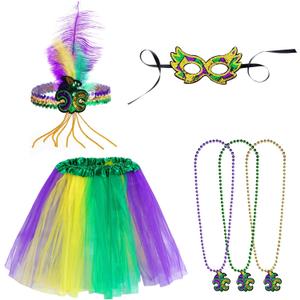 SUMERSHA 6pcs Mardi Gras Costume Set Tutu Skirt Sequins Feather Headband Masquerade Mask Beads Necklaces for Women Carnival Dress up Accessories