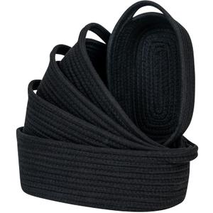 CubesLand Small Cotton Rope Storage Basket Set 5, Shelves Baskets for Organizing with Handle, Decorative Closet Storage Bins for Countertop Toilet Paper Basket for Toilet Tank Top,Black Basket