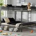 Queen Over Queen Bunk Bed, Metal Bunk Bed Frame Heavy Duty Bunk Beds Loft Bed Frame with Ladder and Guardrail Metal Slats No Box Spring Required for Adults Teens, Black