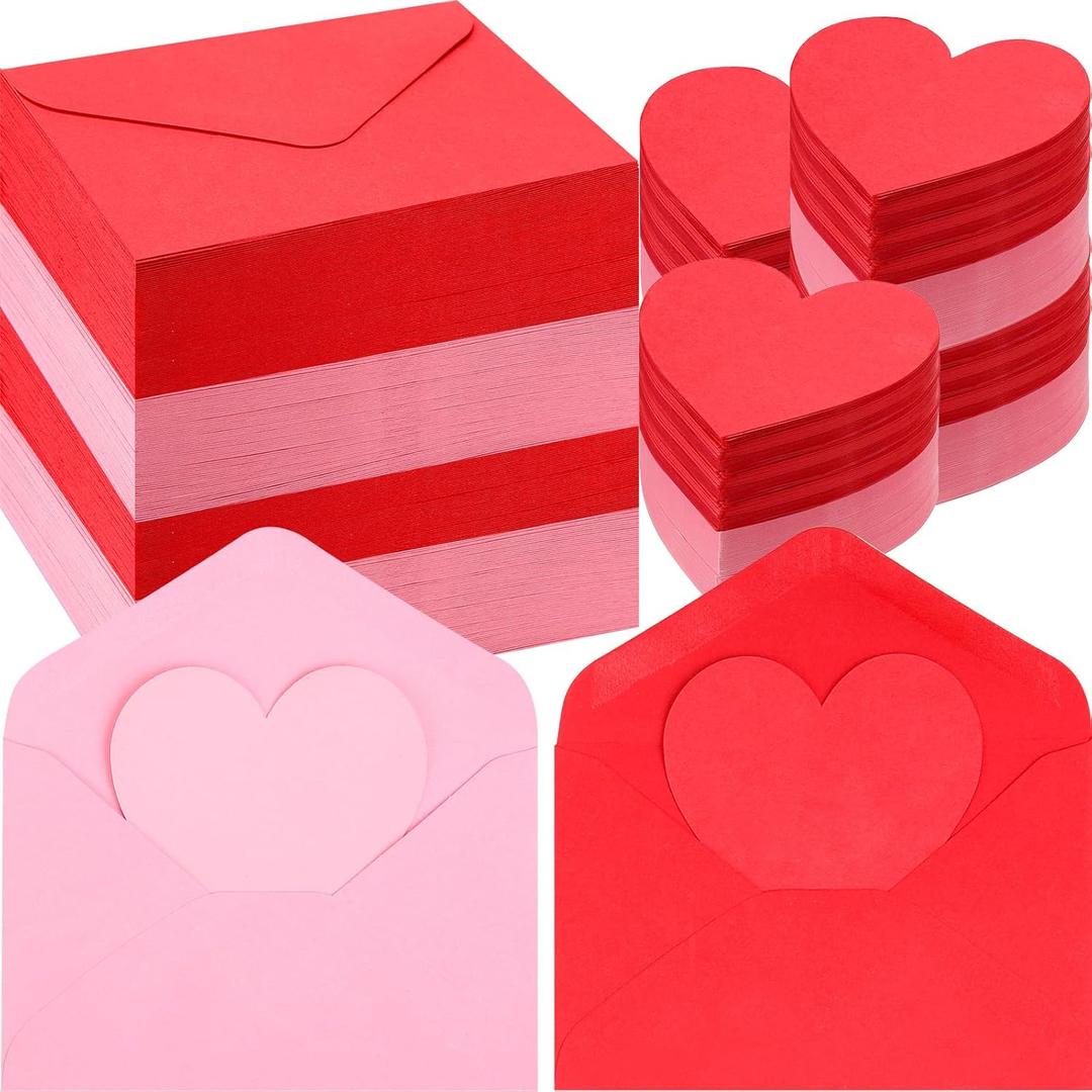 Gueevin 240 Pack Valentines Day Mini Envelopes with Blank Heart Shaped Business Cards 2.9x4.3 Inch Red Pink Small Enclosure Card for Valentines Day and Anniversary
