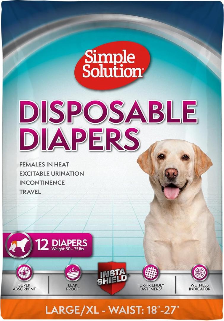 Simple Solution Disposable Dog Diapers for Female Dogs, True Fit, Absorbent, Leak Proof with Wetness Indicator, XL Puppy & Doggie Period Pad and Pee Diaper, for Large Pets, 18-27 Inch Waist, 12 Count 