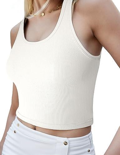 tagunop Women's Summer Tank Tops Sleeveless Scoop Neck Basic Cami Tee Shirts Casual Ribbed Slim Fitted Top White XS