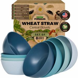 Grow Forward Premium Wheat Straw Bowls Set of 8 - Reusable 27oz Hard Plastic Cereal Bowls - Unbreakable Microwave Safe Bowls for Kitchen, Camping, RV, Dessert, Soup, Salad, Ramen - Seascape