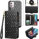 Asuwish Compatible with Motorola Moto G Stylus 4G 2023 Wallet Case Zipper Cell and Screen Protector Crossbody Strap Glitter Flip Card Holder Phone Cover for GStylus XT2317-1 XT2317-2 Women Black